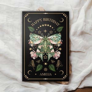 Carte d'anniversaire personnalisée avec nom céleste, salutations personnalisées de papillon de nuit, graphique païen wicca, petite carte ésotérique avec enveloppe, signe païen