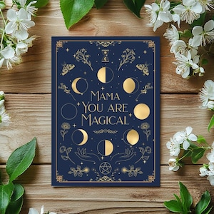 Carte magique céleste de fête des mères, carte de maman sorcière, carte postale florale avec enveloppe, blanc à l'intérieur, signe païen, étoiles éphémères astrologiques