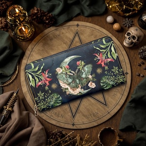 Portefeuille botanique anti-mites, sac à main céleste en cuir végétalien Witchy avec fermeture éclair, pochette wicca des bois avec porte-cartes et poche monnaie, fantaisie