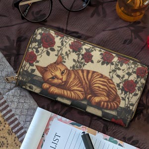 Portefeuille chat gingembre, pochette en cuir végétalien avec fentes pour cartes, sac à main mince roses vintage, portefeuille zippé gothique, cadeau mignon pour amoureux des chats, sac à main pour maman chat