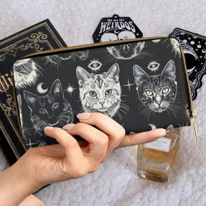 Sac à main magique pour chats, portefeuille céleste Salem, pochette à glissière pour maman chat avec emplacements pour cartes, simili cuir végétalien, cadeau universitaire sombre, félin gothique