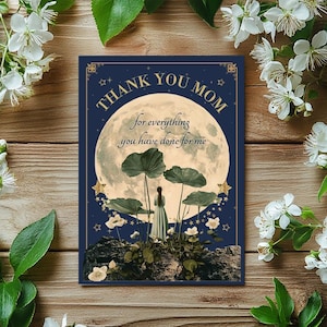 Biglietto di ringraziamento per la festa della mamma, arte floreale astratta vintage, regalo di compleanno per la mamma, notte celeste, biglietto di auguri per bambini con luna e busta