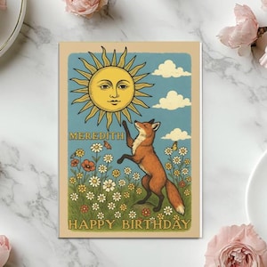 Carte d'anniversaire personnalisée renard et soleil, carte de voeux florale avec nom personnalisé, solaire mystique vintage, cadeau cottage pour ami, anniversaire de sorcellerie