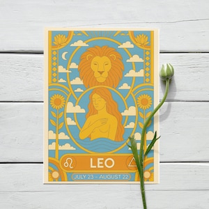 Biglietto di auguri di compleanno Leone, segno zodiacale retrò Boho, biglietto di auguri celeste 5x7, benedizioni astrologiche, regalo estetico vintage per amica strega