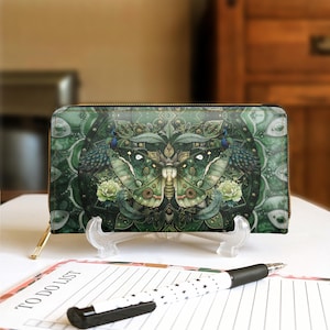 Portefeuille anti-mites magique, sac à main zippé avec fentes pour cartes, simili cuir végétalien, cadeau vert sorcière pour maman, art floral céleste, pochette Cottagecore Woodland