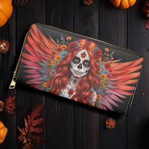 Sugar Lady Skull wallet, Zippered long vegan leather purse, Halloween Goth lady gift, red head woman coin pouch, Mexico candy lady purse