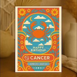 Alles Gute zum Geburtstag Krebs, Boho Retro Sternzeichen, Himmlische Gruß 5x7 Karte, Astrologie Segen, Vintage ästhetisches Geschenk für witchy Freund