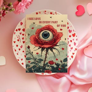 Cottagecore rose, Grußkarte, All See Eye Valentines Geschenk, wunderliche Blumen- und Gartenkunst, Geburtstagskarte groß, Gothic Surrealismus Geschenk