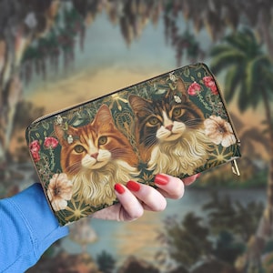 Portefeuille floral zippé pour chats Art nouveau, sac à main de style bohème vintage, pochette en cuir végétalien avec fleurs, cadeau pour maman chat, pochette pour amoureux des chats roux