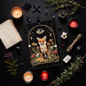Carte de voeux de renard sorcier céleste, bénédictions d'anniversaire, bénédictions florales bohèmes de merci, art de tous les yeux, cottagecore lunatique 5 x 7"