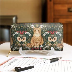 Portefeuille floral art nouveau avec fermeture à glissière pour chat roux, style bohème vintage, pochette en cuir végétalien avec fleurs, cadeau pour maman chat, pochette pour amoureux des chats