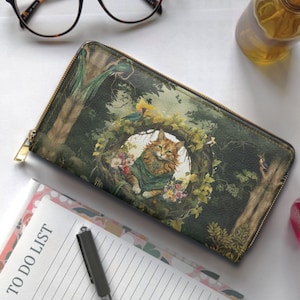 Portefeuille pour chat Forestcore, sac à main en cuir végétalien zippé, cadeau de sorcellerie des bois, porte-monnaie spirituel mystique, sac à main gothique Witchcore, art fantastique