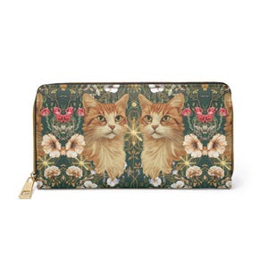 Porte-monnaie floral floral pour chats, jardin art nouveau, style vintage bohème, pochette en cuir végétalien avec fleurs, cadeau pour maman chat, pochette pour amoureux des chats