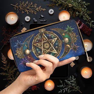 Pentagram Starry Portemonnaie, Crescent Portemonnaie, Pagan Reißverschlusstäschchen mit Kartenfächern, Veganes Kunstleder, Allsehendes Eye Wicca Geschenk