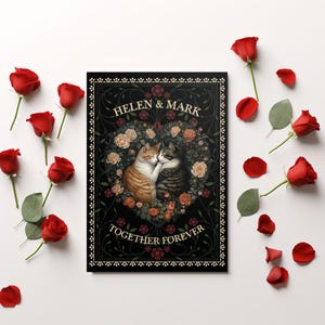 Biglietto di auguri personalizzato per San Valentino, coppia di amanti dei gatti, arte floreale, stile vintage botanico, regalo di compleanno per anniversario, biglietto romantico con rose