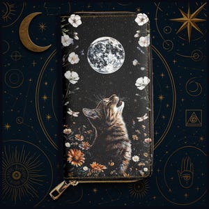Portefeuille zippé Celestial Moon Cat, sac à main de style vintage floral bohème foncé, pochette en cuir végétalien cottage avec fleurs, pochette pour amoureux des félins
