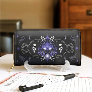Himmlische Brieftasche, Reißverschluss mit Kartenfächern, Veganes Kunstleder, All see eye art, Dark Academia, Moon Child Beutel, Witchy Mom Geschenk