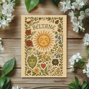 Beltane Blessings Sun Grußkarte, Blumenfrühlingssegen, heidnische Karte für Altarfreund, Vintage Cottagecore Solarkunst, Wicca Naturkunst