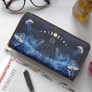 Mondphase Pilz Brieftasche, Mystische Witchy Geldbörse, Magical Whale Clutch, Witchcraft Zippered Wallet, Tarot Beutel aus veganem Leder mit Kartenfächern