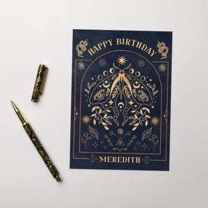 Astrologische vlinder gepersonaliseerde verjaardagskaart, aangepaste naam verjaardag, Witchy astrale maanfase wenskaart, heidens teken, magische Wicca-dame cadeau