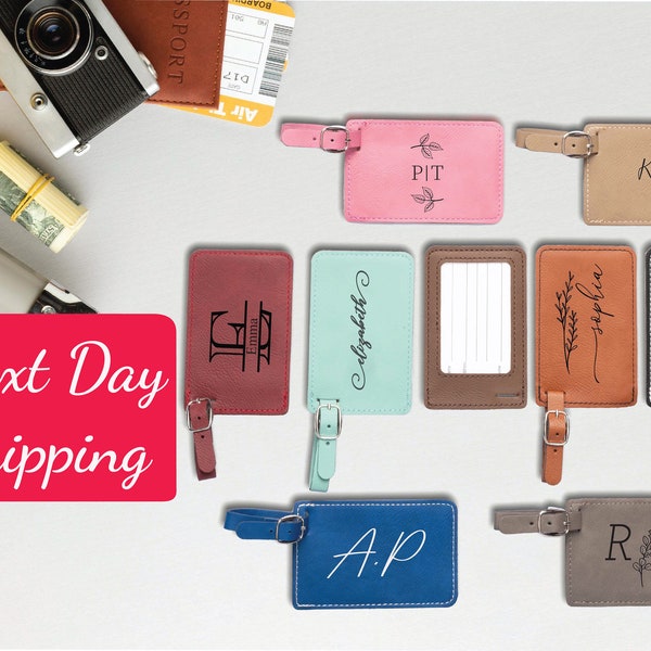 Personalized Monogrammed Engraved Leather Luggage Tag, Custom Black Leather Luggage Tag For Bridesmaid in Wedding, Travel Gift Ideas