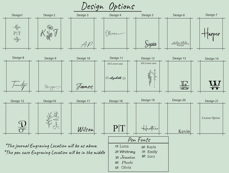May include: A chart showing 21 different design options for personalized journal and pen case engraving. The designs include various fonts, styles, and layouts, such as initials, names, and floral elements. The chart also includes a list of pen fonts to choose from.