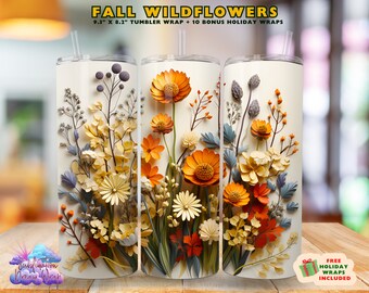May include: A set of three 9.3 inch by 8.2 inch tumbler wraps featuring a colorful floral design with fall colors. The design includes orange, yellow, and red flowers with green leaves. The text "FALL WILDFLOWERS" is at the top of the image.