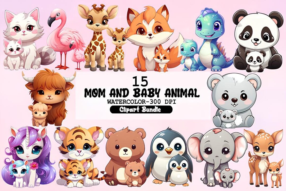Cute Mom and Baby Animal Clipart Bundle. 15 High Quality Png. Design ...