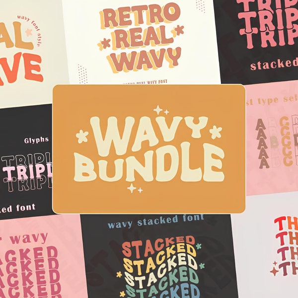 Wavy Stacked Fonts. 5 different style bundle. digital download ttf file. easy use. cricut design.