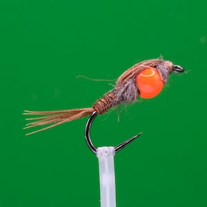 Cabeza caliente, cuentas naranjas, cola de faisán, tamaño 10BL, trucha sin púas, moscas de pesca, ninfas europeas
