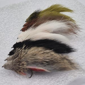 May include: A selection of fishing flies in a row, showcasing a variety of colours. The flies are made from feathers and other materials, with colours including olive green, brown, black, white, and tan. Each fly has a hook.