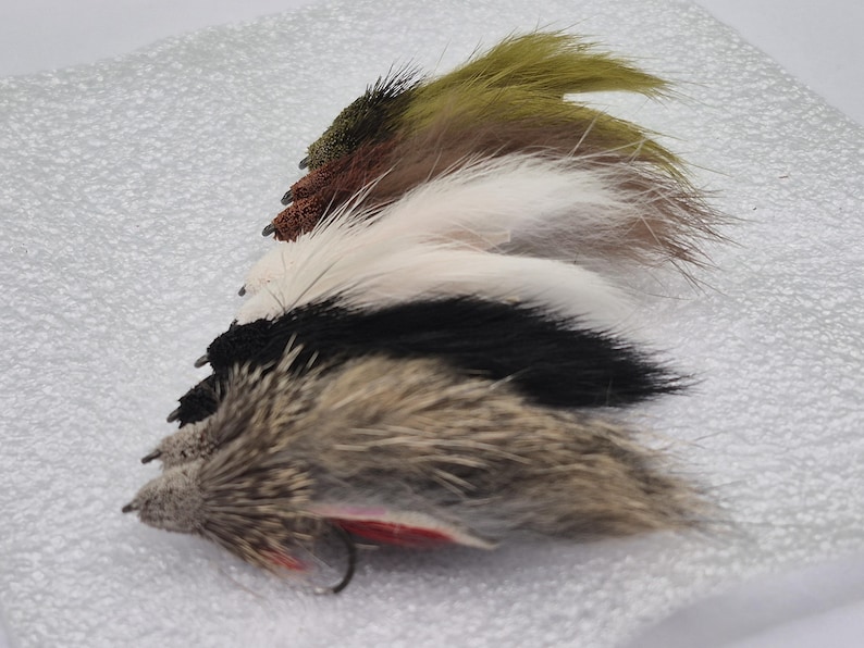 May include: A selection of fishing flies in a row, showcasing a variety of colours. The flies are made from feathers and other materials, with colours including olive green, brown, black, white, and tan. Each fly has a hook.