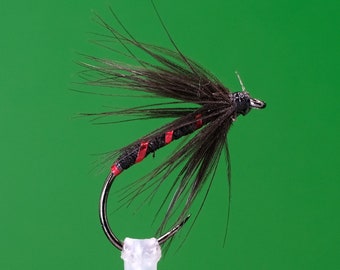 Red Holographic Rib Black Spider Size 14BL Barbless Fly Fishing Wet Flies Spiders