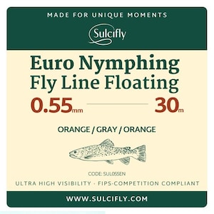 May include: A product label for Euro Nymphing Fly Line Floating. The label is primarily beige with dark green accents. Text includes "0.55mm" and "30m", along with the color description "ORANGE/GRAY/ORANGE". A fish illustration is also present.