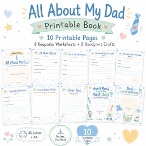 Allt om min pappa utskrivbar bok, fars dag-minnessak, ifyllnadsbok, handavtryckspyssel (direkt nedladdning)