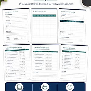May include: A collection of professional forms for wireless projects, including an intake form, AP inventory tracker, and checklists. The image features a clean layout with well-structured forms and print-ready pages. The text reads "Inside the Bundle."