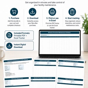 Może przedstawiać: Cyfrowy pakiet konserwacji obiektów z drukowanymi formatami PDF i trackerem Excel. Zawiera formularze do konserwacji obiektów komercyjnych, HVAC, zleceń pracy i śledzenia kosztów napraw. Obraz przedstawia laptop wyświetlający harmonogram konserwacji.