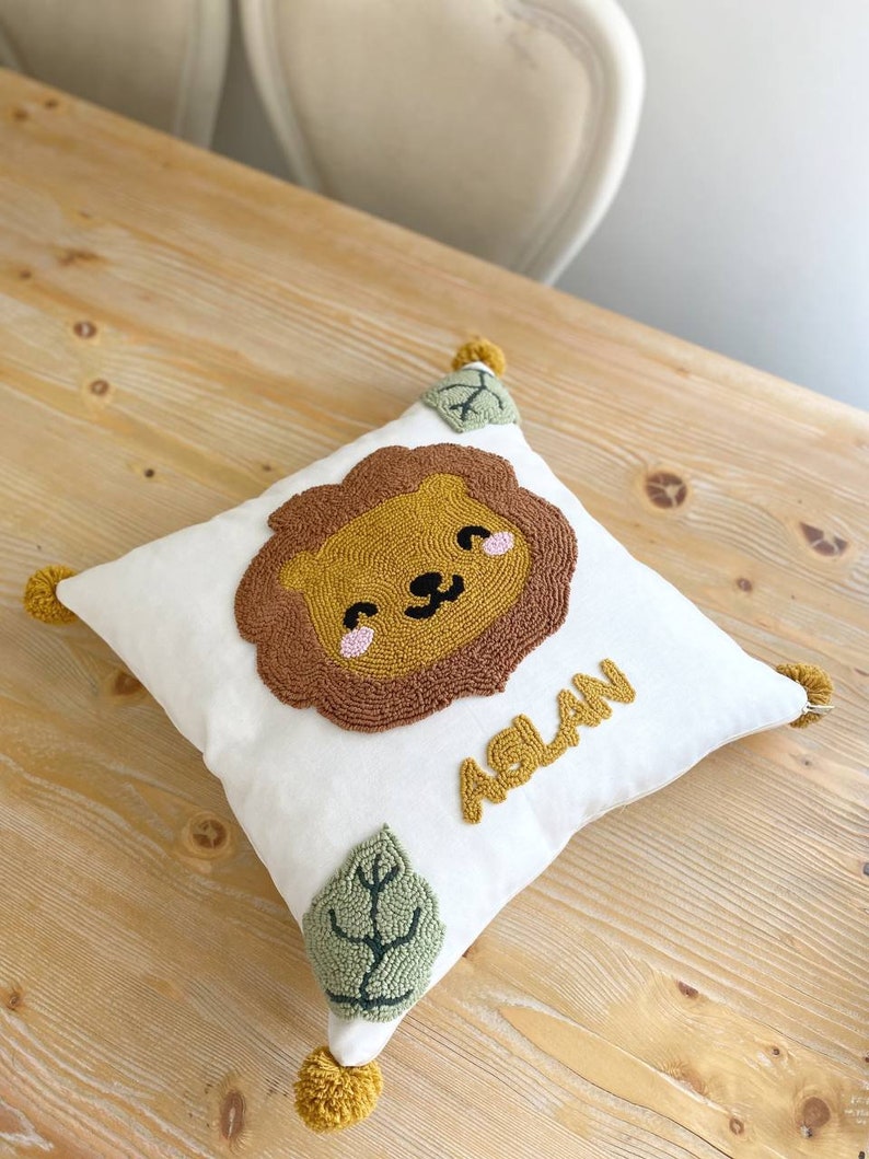 Organic Muslin Baby Lion Gift Set Punch Needle Pillow, Hair Band
