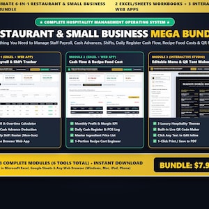 Restaurant & Cafe Management Mega Bundle, Staff Payroll Shift Excel, Recipe Food Cost Calculator, Daily Cash Flow and Editable Menu QR Maker