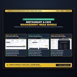 Restaurant & Cafe Management Mega Bundle, Staff Payroll Shift Excel, Recipe Food Cost Calculator, Daily Cash Flow and Editable Menu QR Maker