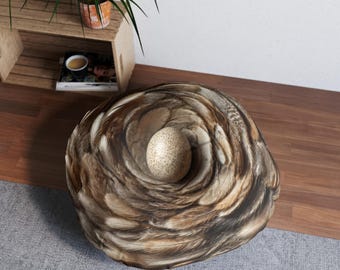 Bird Nest Egg Round Tufted Floor Pillow | Nature Feather Print