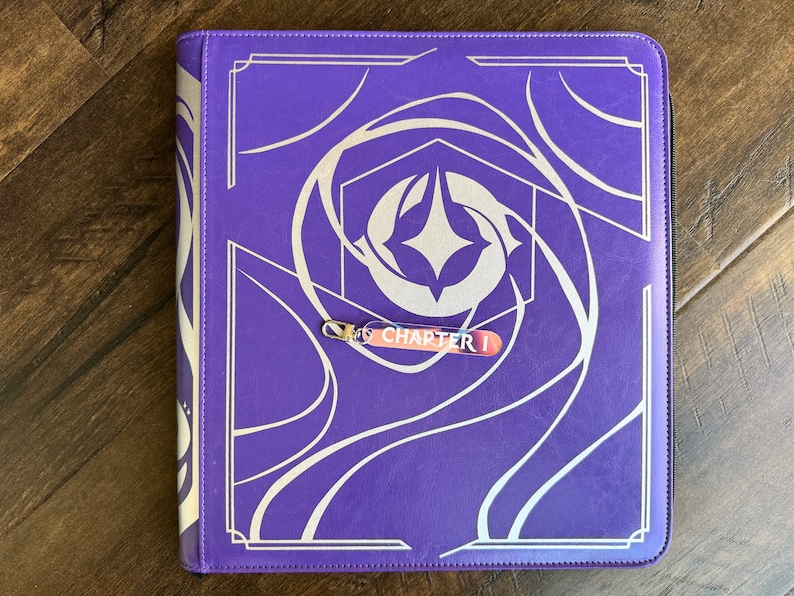 Zipper Pulls to organize Lorcana TCG binders in iridescent color. Chapter 1 with silver clasp is shown