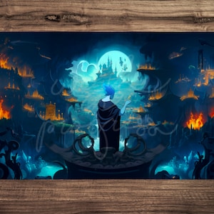 Tapis de jeu JCC Lorcana Inferno Schemer, tapis de bureau, tapis de souris | Options non zonées et zonées | Taille standard de 14 x 24 po.