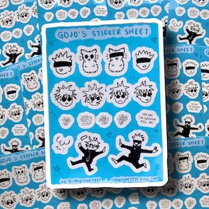 May include: A sticker sheet featuring Gojo Satoru from the anime Jujutsu Kaisen. The sheet includes various illustrations of Gojo, including his signature blindfold, and the text "Gojo's Sticker Sheet" and "Ha Hai I'm Gonna Kill Ya!"