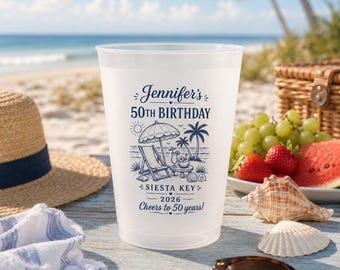 Personalized Birthday Beach Coastal Frosted Cups, Birthday Party Decor Custom Frosted Cup for 21st 30th 40th 50th Milestone Birthday