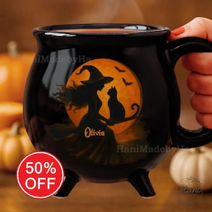 Personalized Purrfectly Wicked Ceramic Cauldron Mug, Halloween Witchy Gifts, Spooky Coffee Cup for Witches and Cat Lovers, Halloween Decor