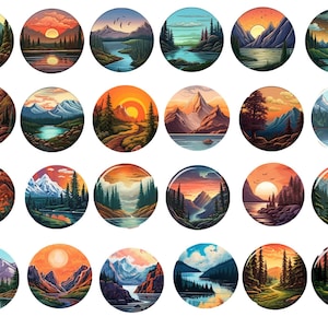 Könnte beinhalten: Set mit 24 runden Aufklebern mit farbenfrohen Illustrationen von Berglandschaften mit Seen, Wäldern und Sonnenuntergängen. Die Aufkleber sind perfekt, um Laptops, Wasserflaschen, Tagebüchern und vielem mehr einen Hauch von Natur zu verleihen.