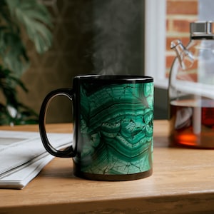 Malachite Black Mug 11oz|This exquisite ceramic mug showcases the captivating patterns of malachite, touch of elegance |Perfect for gifting