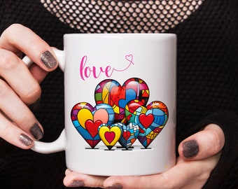 Britto's Style Design, Colorful Hearts Ceramic Mug, Valentine Day Coffee Mug, Gift for Her, Gift for Wife, Gift for Anniversary,Gift for Mom