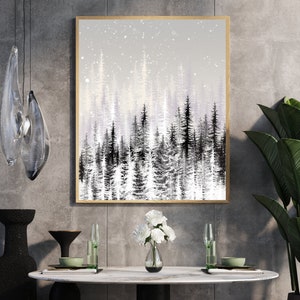 Impresión de bosque de invierno, Navidad nórdica, arte imprimible de Navidad, arte navideño moderno, copo de nieve imprimible, arte de pared nórdico, descarga digital de invierno